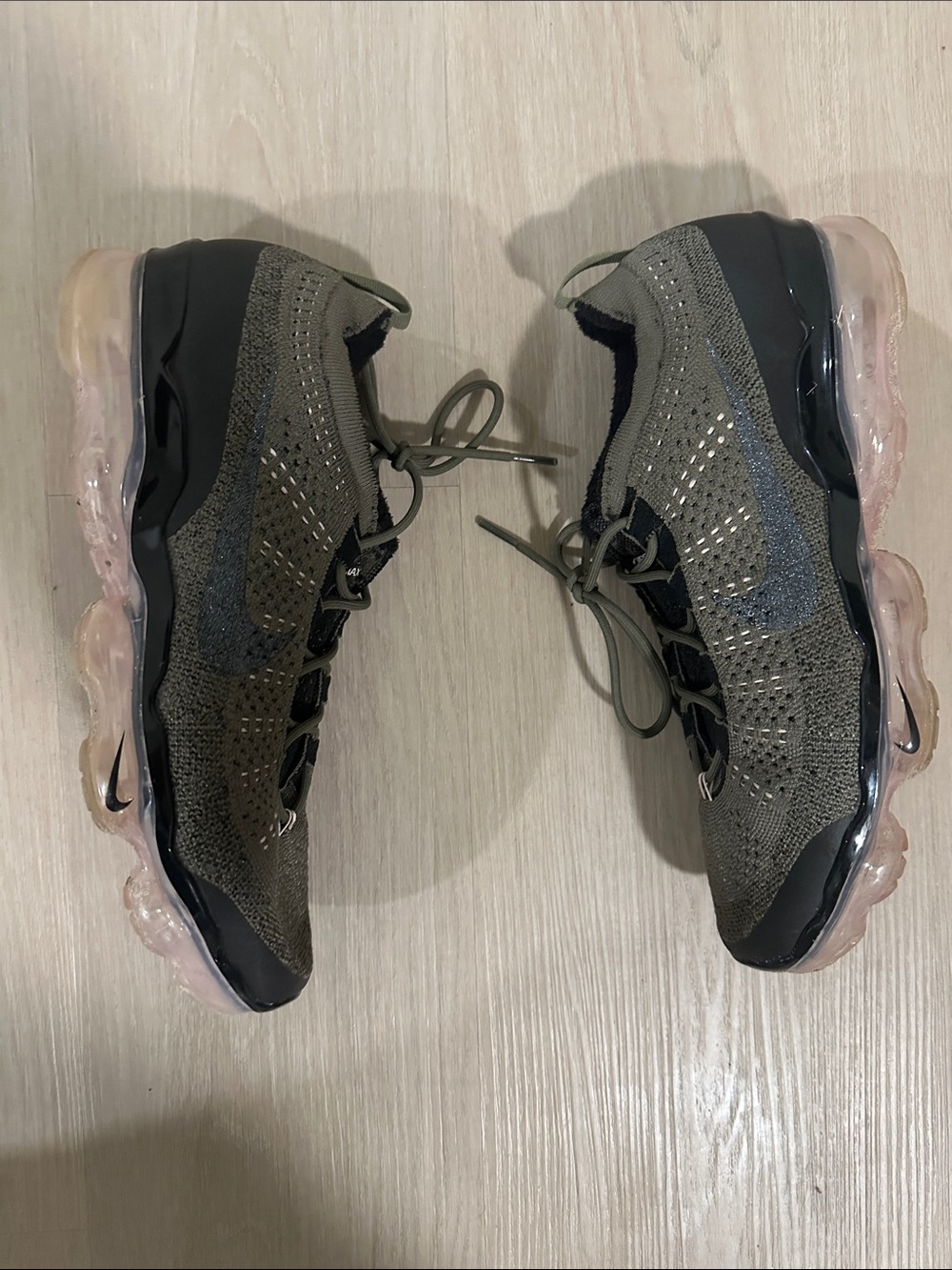 Nike Vapormax Olive Knit Sneakers with Pink Transparent Air Sole